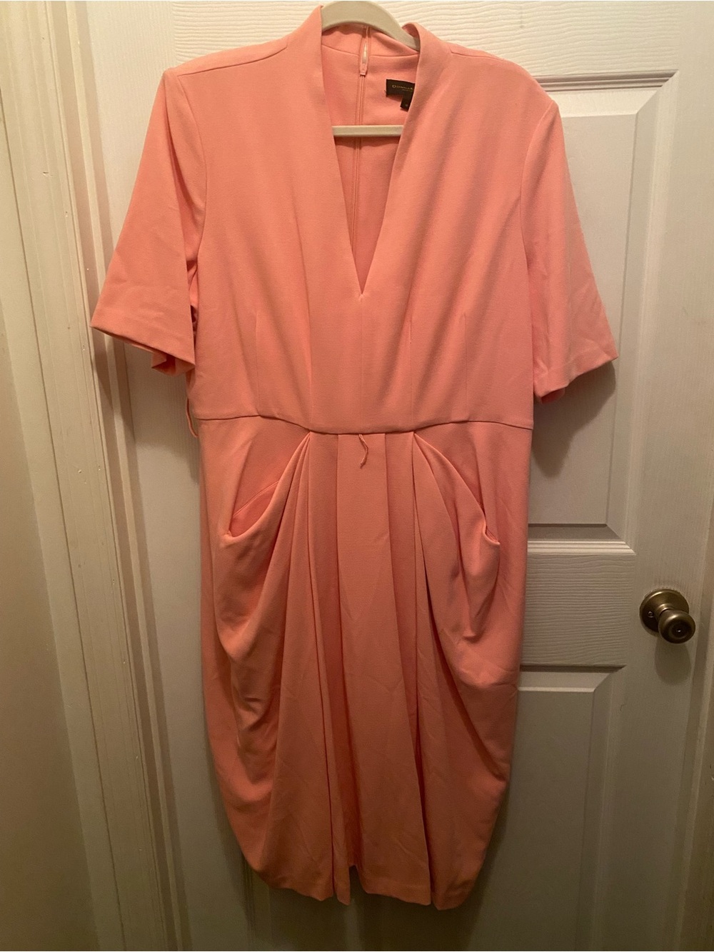 Donna Karan NWT No Belt Soft Pink Draped V-Neck Midi Dress with Brown Belt